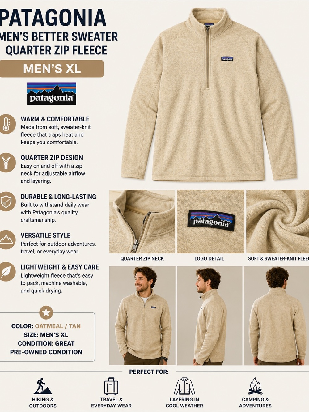 Patagonia Oatmeal/Tan Better Sweater Quarter-Zip